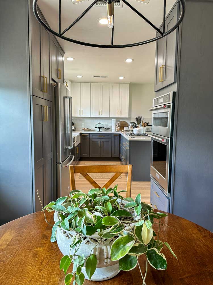 A remodeled home, showing a round table with plant ornament and the kitchen from behind